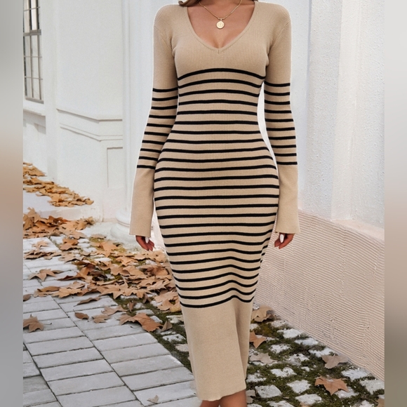 Striped Tan V-Neck Sweater Dress - Picture 5 of 11
